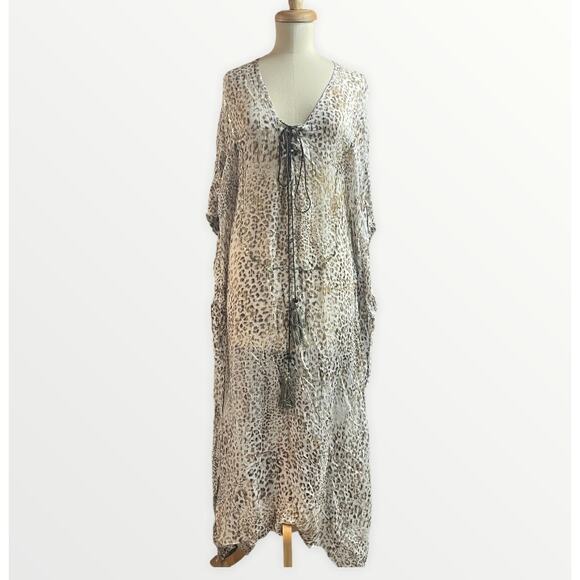 Gibson Latimer Sheer Caftan Animal Print Tassel Cover Up SZ XS C101840 - Picture 1 of 9
